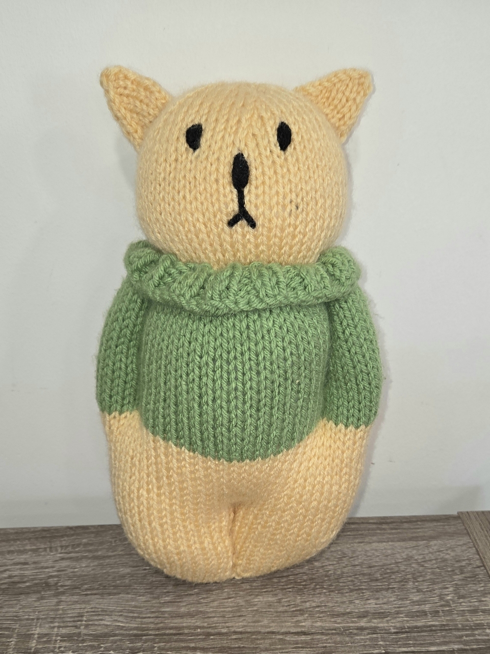 Handmade Cat Plush Toy - Green Sweater, Yellow Body
